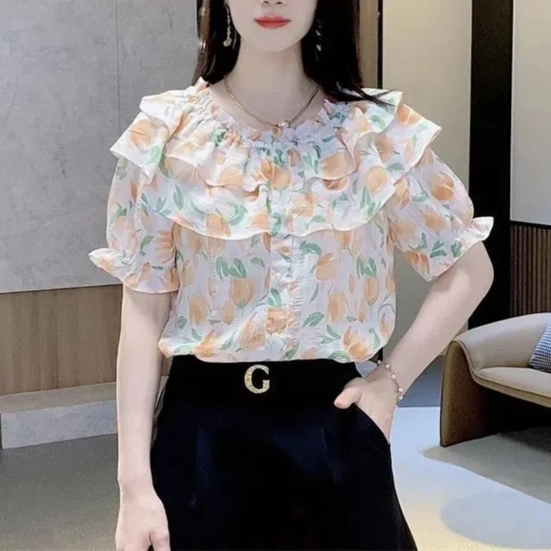 Fashion Floral Chiffon Blouses Women\'s 2024 Summer New Loose Spliced Ruched Ruffles Button Pullover Slash Neck Short Sleeve Tops