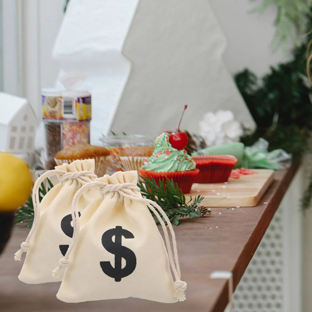

12 Pcs Money Bag Sign Candy Prop Gift Game Goodie Small Drawstring Mini 12x16cm Cotton Linen Party Favor Bags Storage Snack
