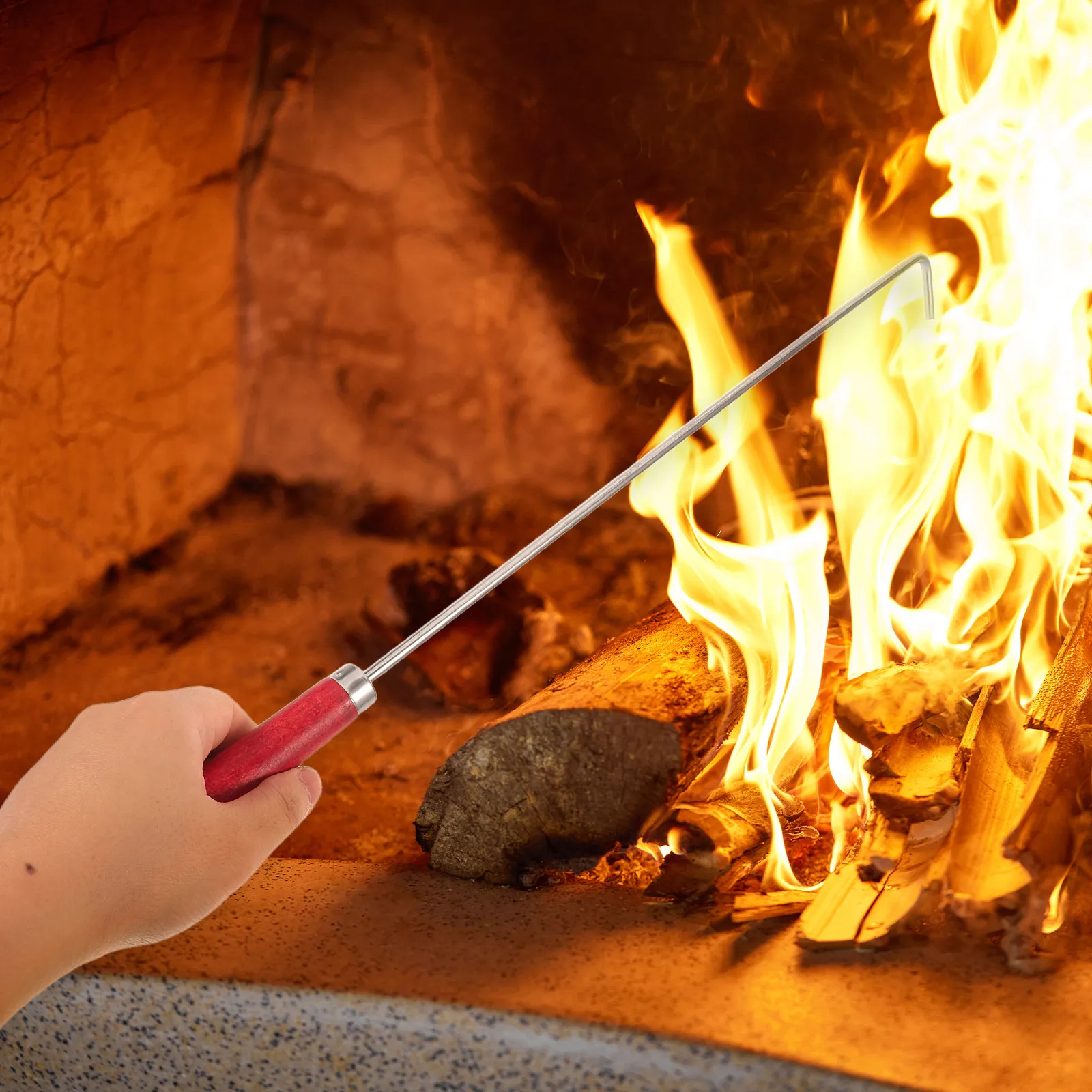 

2Pcs Fireplace Poker Stick with Coal Hook 50Cm Stainless Steel Fire Pit Tool Set Wood Handle for Indoor Outdoor Camping Bonfire