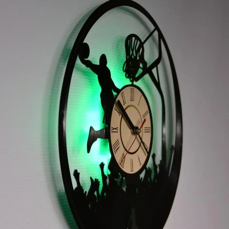 Basketball Wall Clock LED Remote Control Light Basketball Player Basketball Wall Decoration Home Record Vinyl Clock Dunk Gift