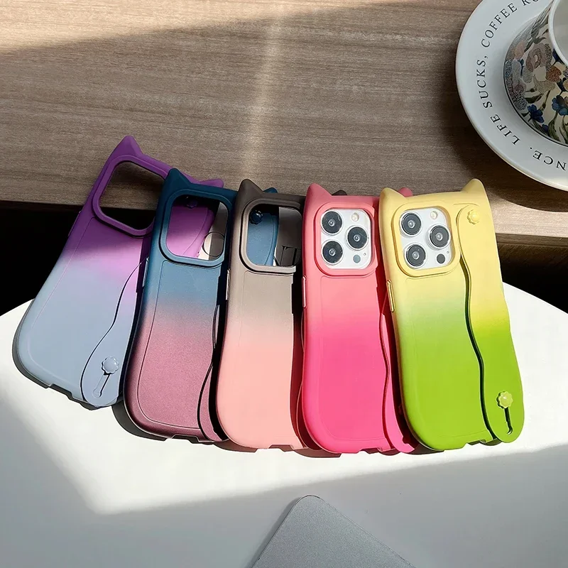 CAT EAR GRADIENT COLOR HOLDER CASE FOR HUAWEI PURA 70 ULTRA P50 P60 MATE 40 50 60 PRO NOVA 10 11 12 PRO HONOR 50 PRO TPU COVER