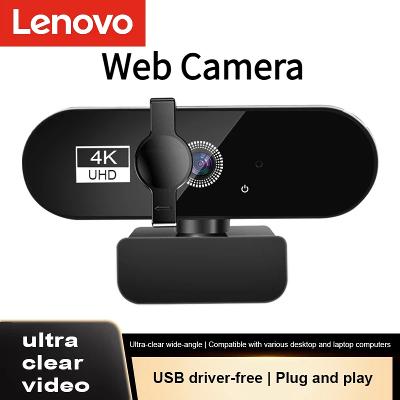 Cámara Web Lenovo 4K 1080P Mini, Cámara Web 2K Full HD con Micrófono, 30fps, USB, Enfoque Automático, para PC, Laptop, Grabación de Video