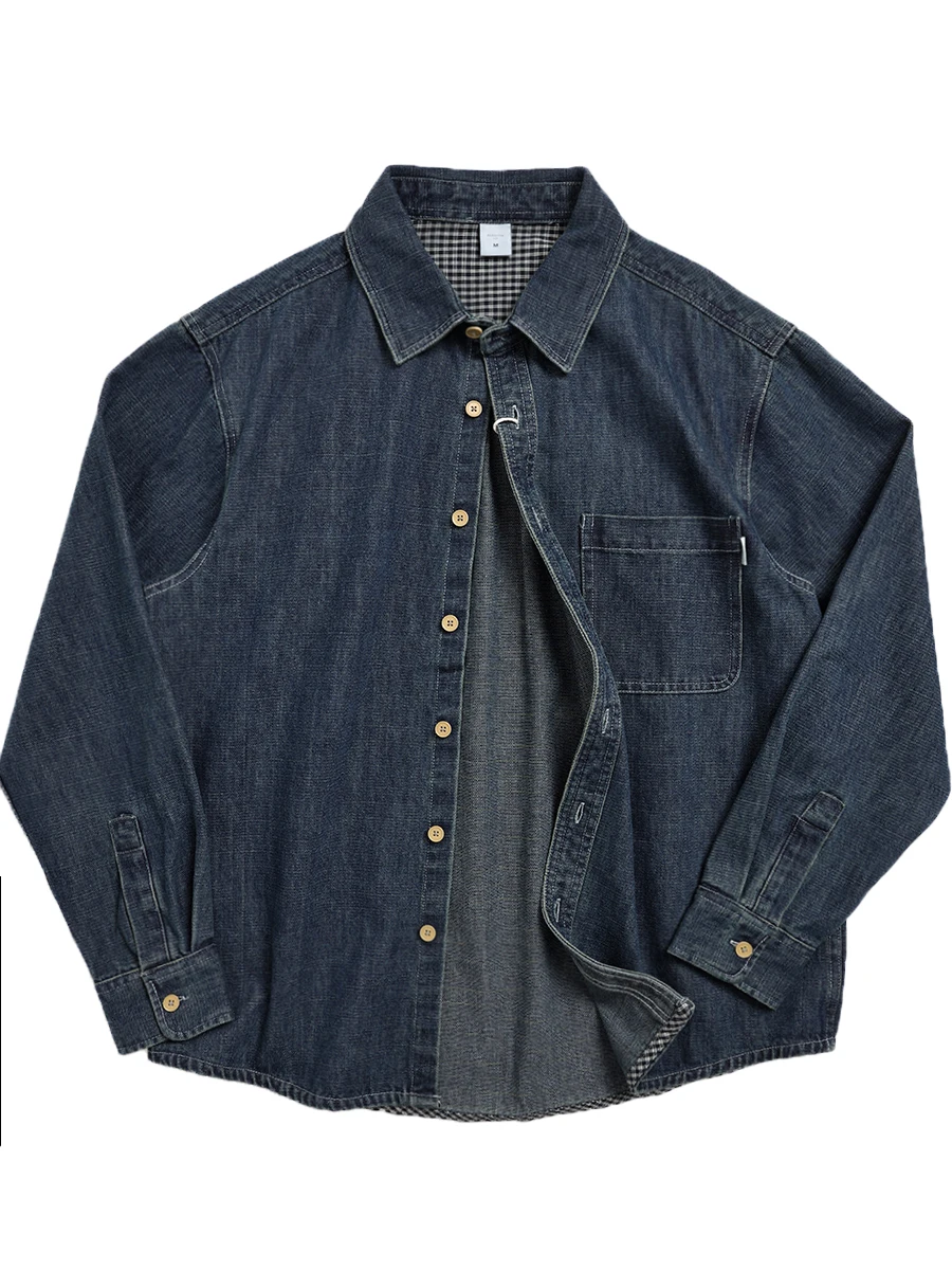

Retro Workwear American Heavyweight Long Sleeve Deep Blue Denim Shirt Casual Loose Fit Collared Outerwear Youth Trendy Cotton...