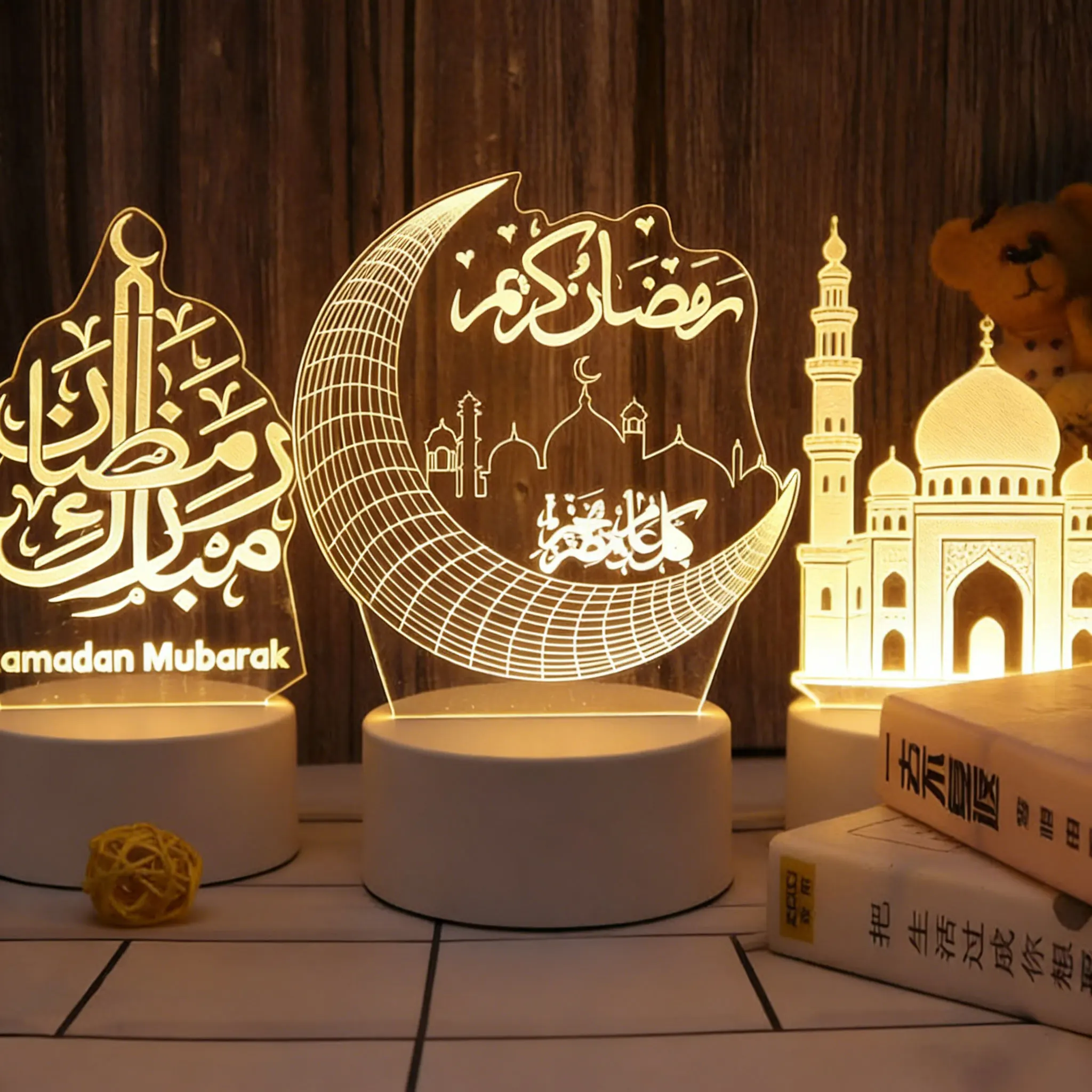 

3D акриловый светодиодный ночник «Ид Мубарак», настольное украшение, декор для дома и спальни на праздники Ид аль-Адха и Рамадан, с питанием от USB