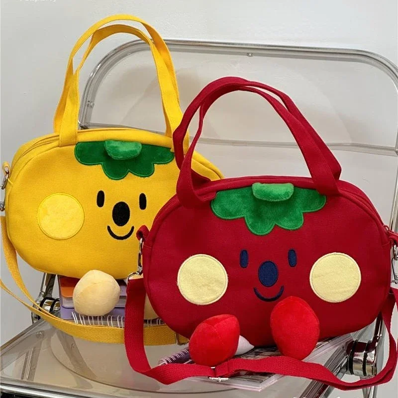 Japanese Cute Cartoon Happy Tomato Messenger Bag Canvas Student Tote Bag Shoulder Bags Woman Bag·Crossbody Bag Purse