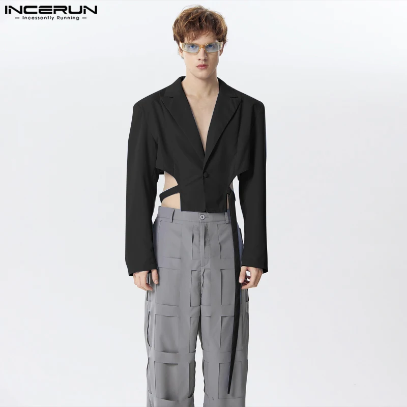 INCERUN Men Irregular Blazer Solid Color Lapel Long Sleeve One Button Casual Suits Men Streetwear 2024 Fashion Crop Coats S-5XL