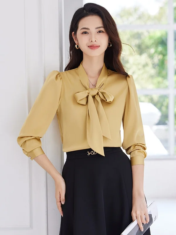 

Yellow Sash Long Sleeve Shirt Women's Commute OL Style Elegant Lightweight Tie Shirt Spring Autumn Polyester Fiber V-neck