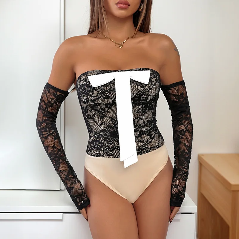 Women Off Shoulder Bow Bodysuit Summer Long Sleeve Bodycon Blouses T-Shirt See Through Tee Shirts Ladies Lace Strapless Tube Top