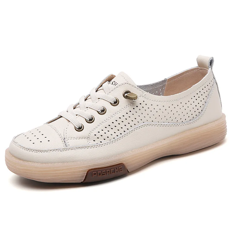 Zapatos planos de cuero genuino para mujer, zapatillas informales con recorte transpirable, suela suave, color blanco, Verano