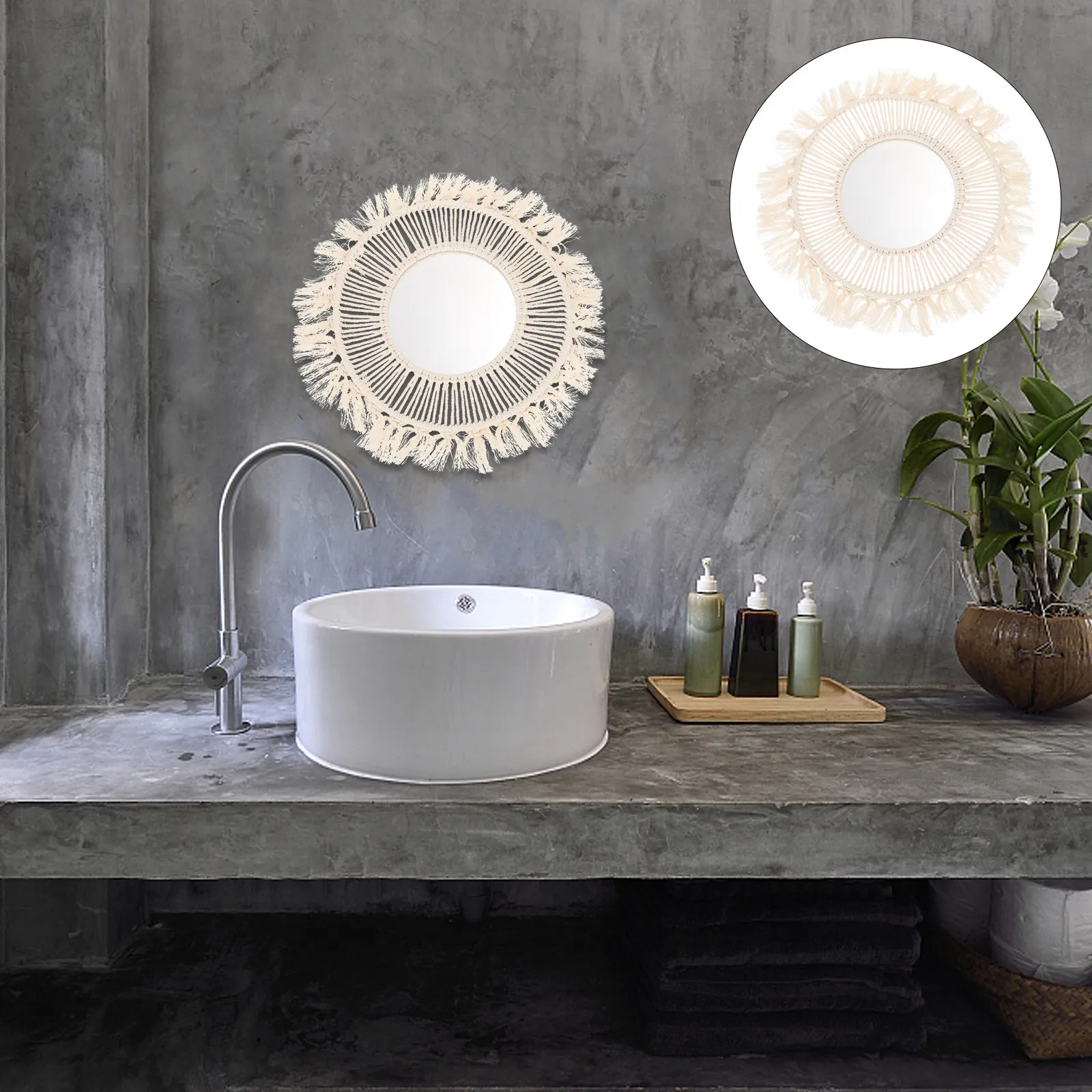 1Pcs Handmade Macrame Hanging Mirror Round Bohemian Decorative Wall Mirror for Living Room Bedroom Headboard Cafe Studio Vintage