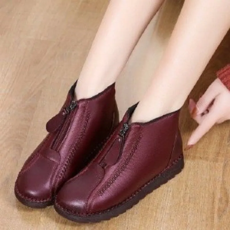 2024 Winter Women Ankle Boots Fashion Warm Mother\'s Boots Flat-Bottom Comfortable Non Slip Front Zipper Closure Female Footwear