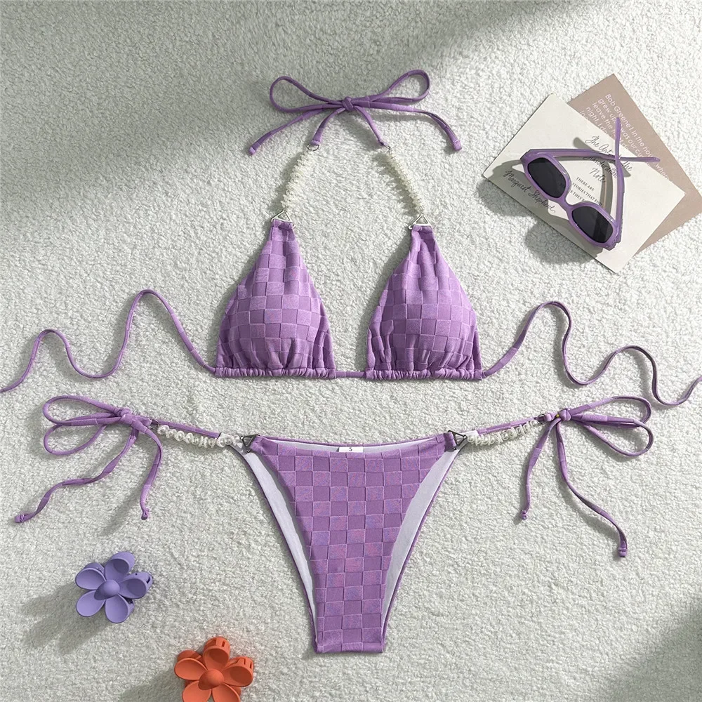 Lichtpaarse badmode parelkoord halter micro bikini string 2025, sexy badpak dames badpak driehoek bikini sets mujer