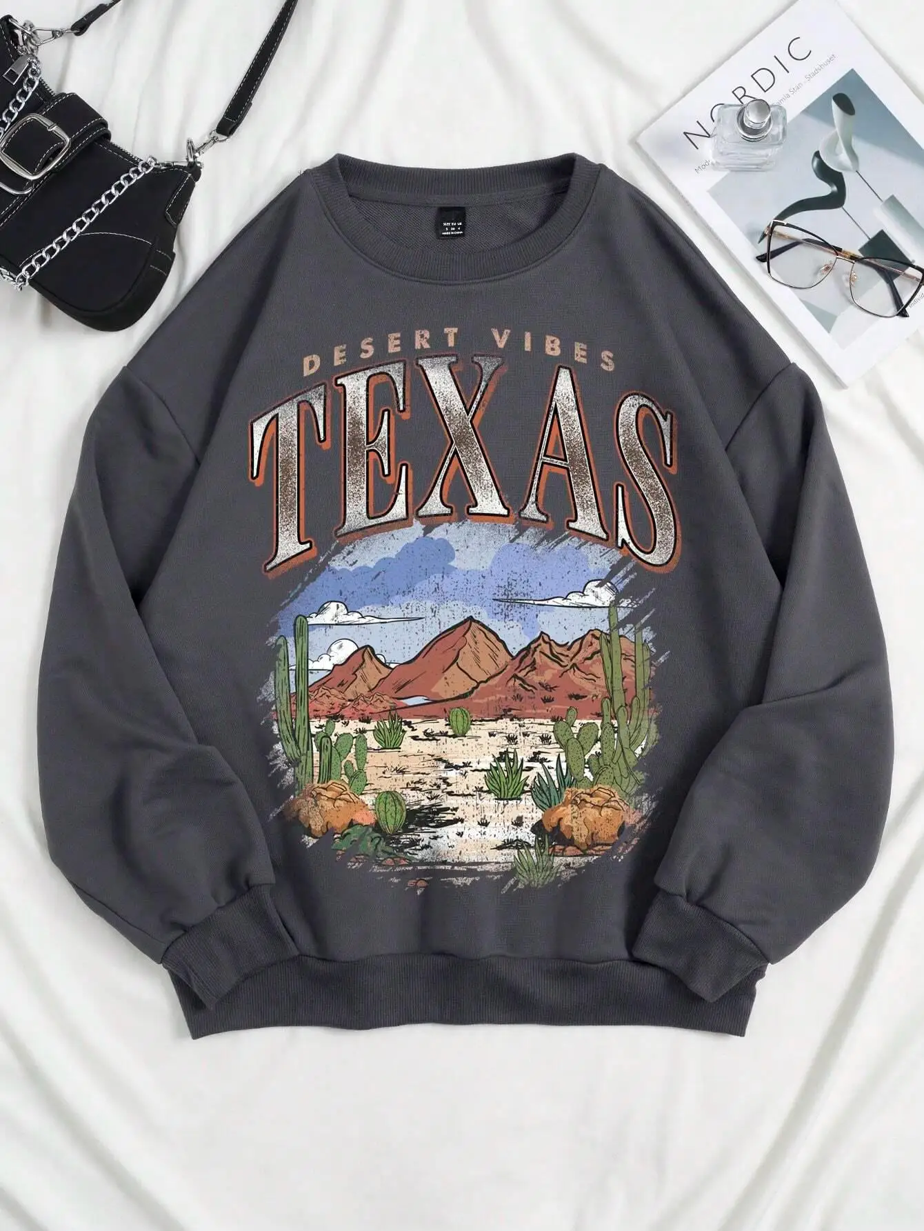 Vintage Women Sweatshirts Texas Desert Comics Printed Hoodies Fleece Warm Pullover Street Crewneck Loose Female Tops Clothes