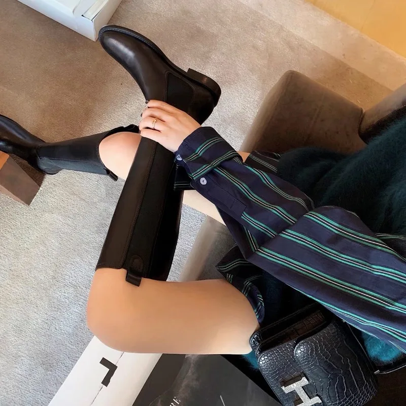 Heißer Verkauf Echtes Leder Frauen Chelsea Bots Leder Knie High Heels Casual Frau Socken Schuhe Plattform Frühling Winter Knie Boot