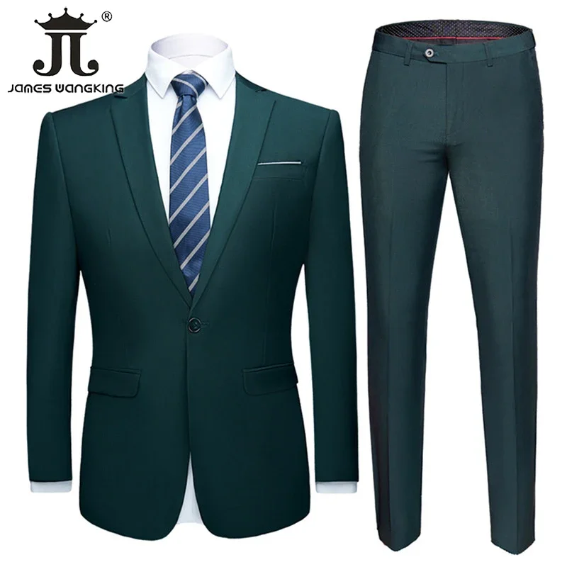 15 Colors M-6XL (Jacket + Pants) Work Clothes Mens Formal Business Office Suit Solid Color Groom\'s Wedding Dress Blazer Trousers