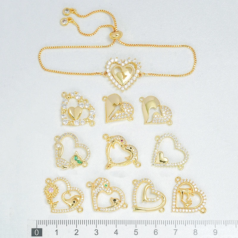 

4Pcs Heart Connector for Diy Bracelet Necklace Making Brass Zircon Hollow Jewelry Flower Fish Dog Cat Cross Elephant Accessories