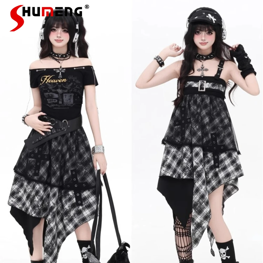 

Fashion Design Sweet Cool Two Ways Wear Irregular Dresses Plaid Sleeveless Off-shoulder Loose A-line Versatile Mini Dress Women