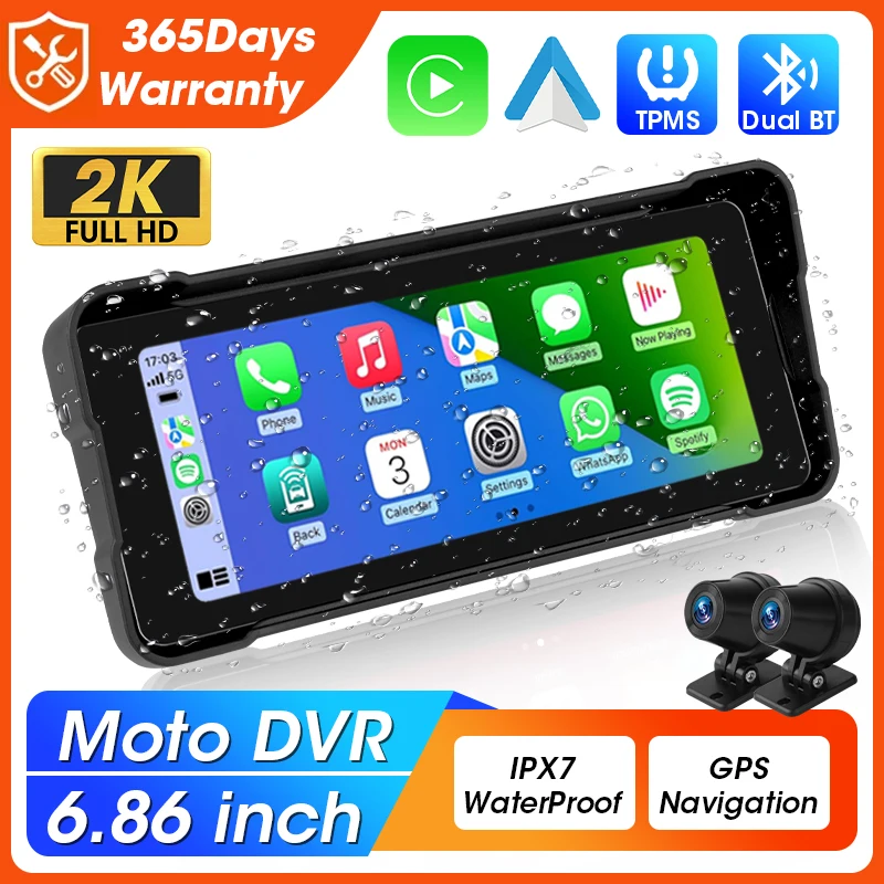 Vtopek For Motorcycle, 6.86 inch Waterproof Touchscreen, Portable Carplay/Android Auto GPS Navigation, Dual Bluetooth Monitor