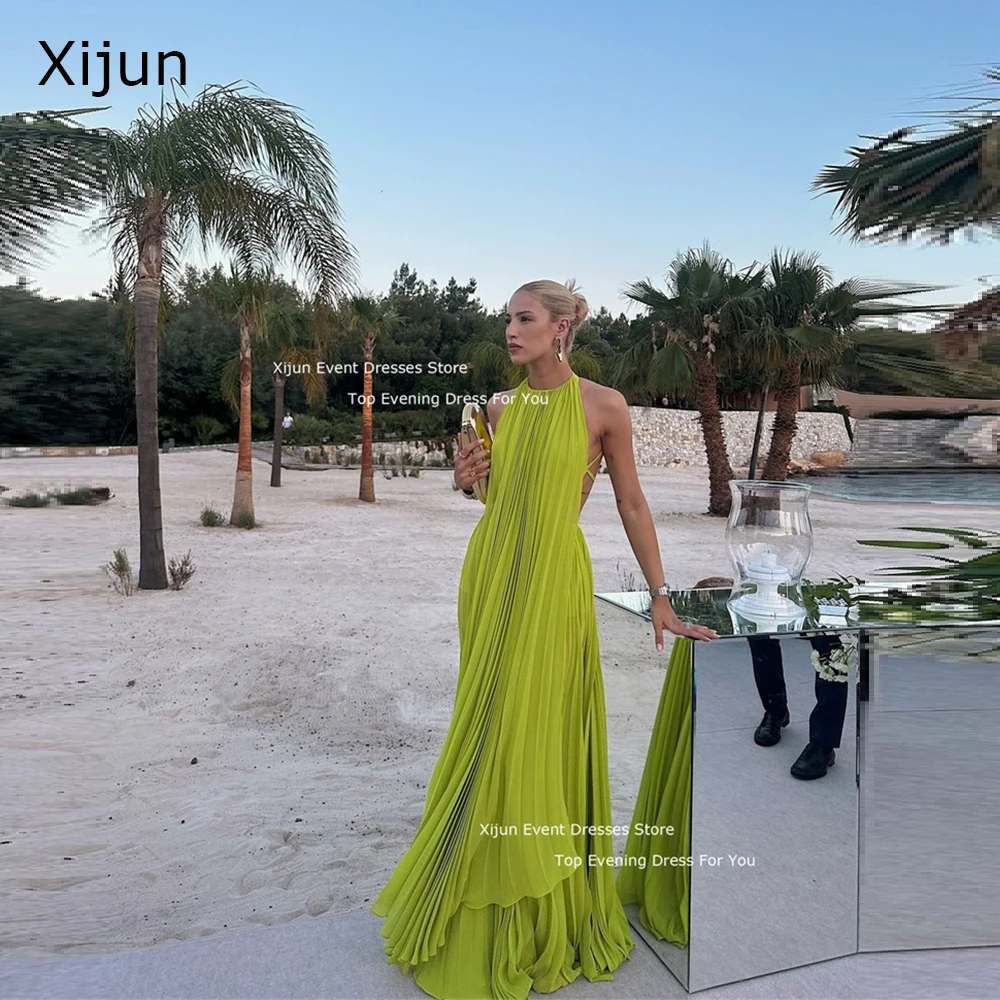 

Xijun Green Sexy Evening Dresses Backless High Side Slit Ruched Prom Dresses Maxi Sleeveless Formal Occasion Prom Gowns Beach