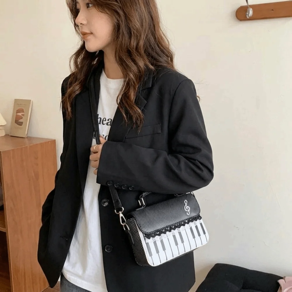 PU Leather Piano Note Crossbody Bag Contrast Color Embroidered Square Shoulder Bag Flip Zipper Polka Dot Handbag Work Use