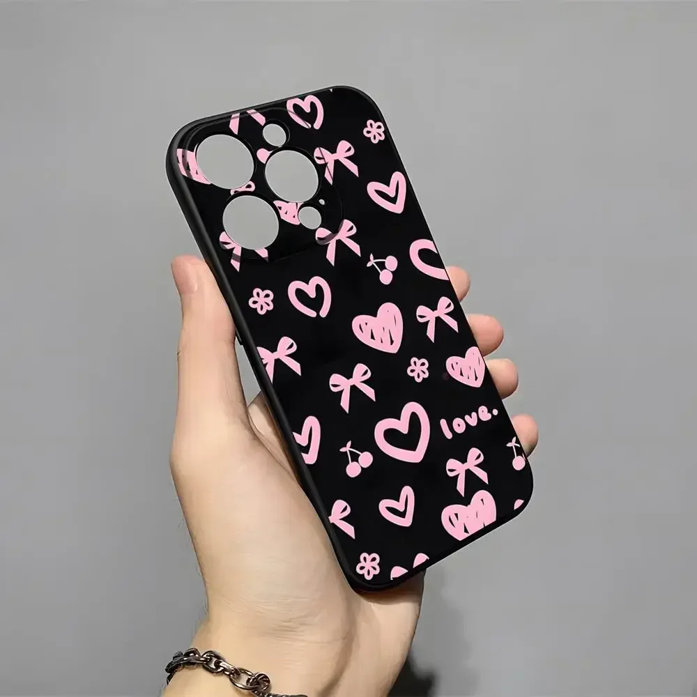 حافظة هاتف كورية وردية سوداء لهاتف 16 Pro Max Iphone 15 14 Pro Max 13pro 11 X Xs Xr 8 7Plus غطاء سيليكون