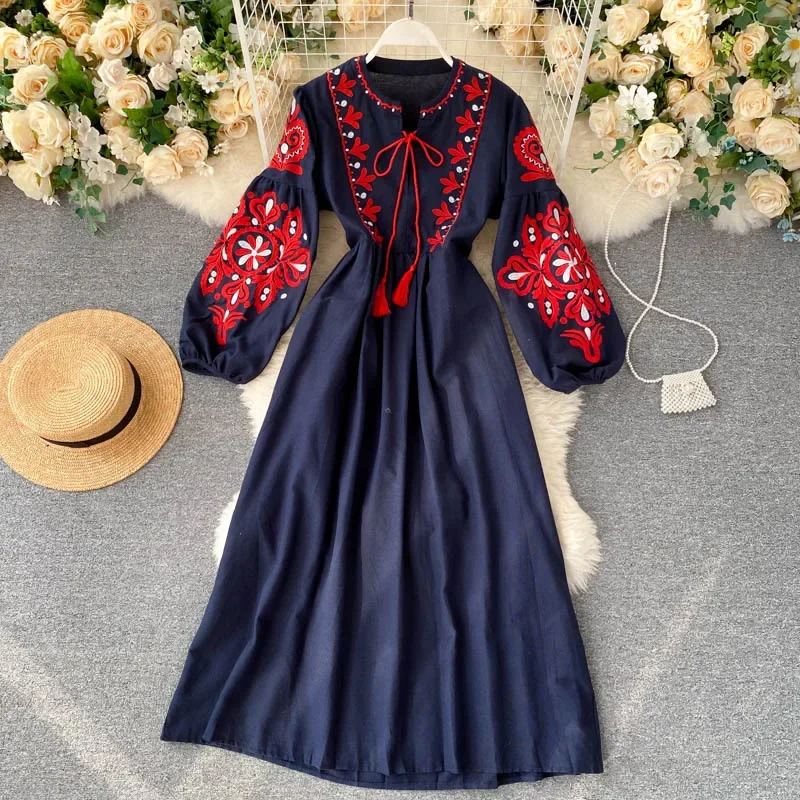 Bohemian Embroidered Dress for Women, Boho, Flower, O-Neck, Lantern Long Sleeve, High Waist, Cotton, White, Spring