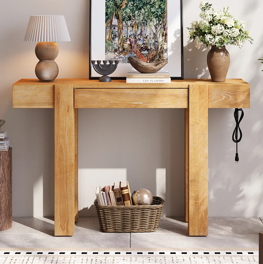 #Modern Solid Oak Wood Console Table Hidden Drawer Side Power Outlet Eco-Friendly Durable Entryway Furniture