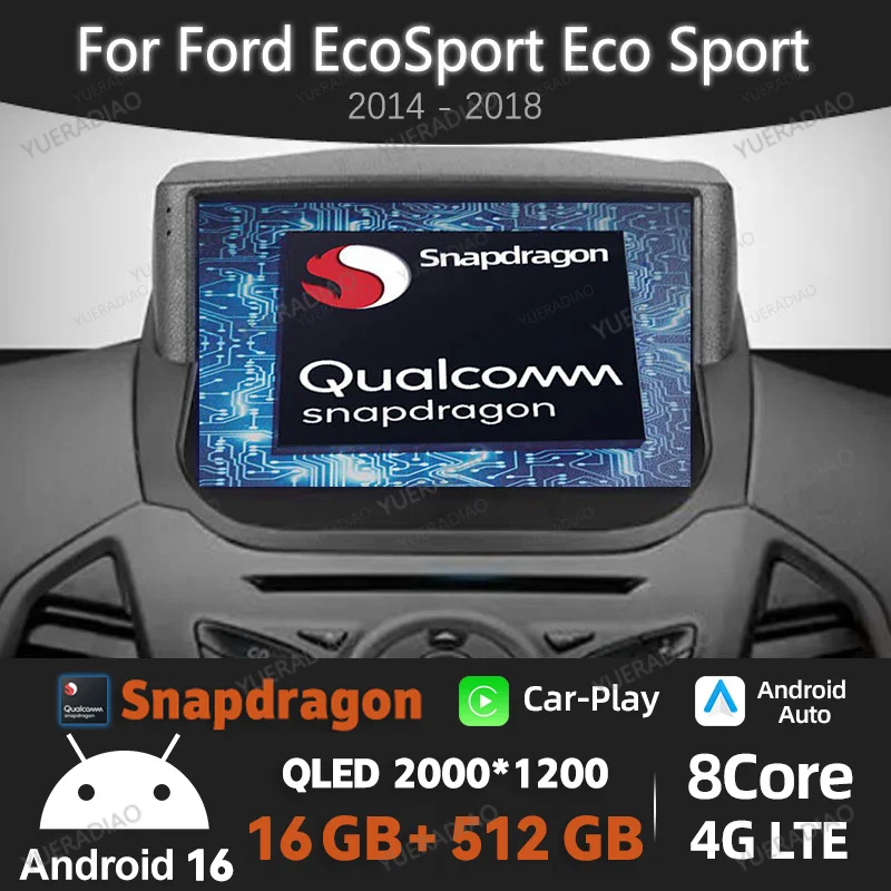 Rádio Automotivo Android 16 para Ford EcoSport Eco Sport 2014 - 2018 com BT, GPS, Navegação, 2DIN, Multimídia, Reprodutor de Vídeo, Unidade Principal QLED