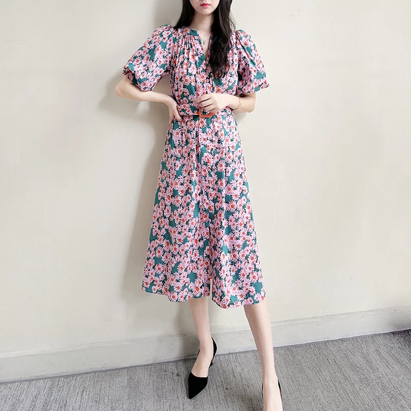 Puff Sleeves Daisy Printed Pink Blue Cotton Midi Dress XS-XL