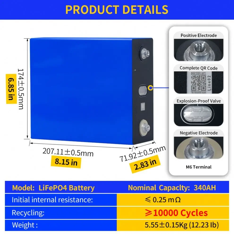 4 pieces of A-grade LiFePO4 340Ah lithium iron phosphate batteries with a voltage of 3.2V, suitable for houses, vehicles,