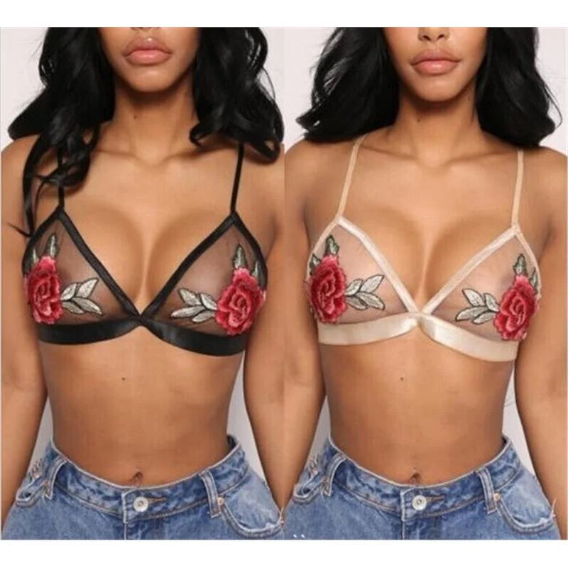 Lencería Sexy de Encaje Floral y Seda, Sujetador Moderno sin Aro, con Tirantes Dobles para Mujeres Jóvenes, Diseño en U