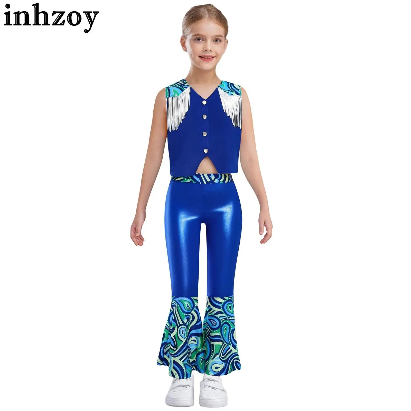 

Kids Girls Disco Dance Tassels Vest Bell-Bottom Pants Halloween Carnival Theme Party Western Cowgirl Cosplay Performance Costume