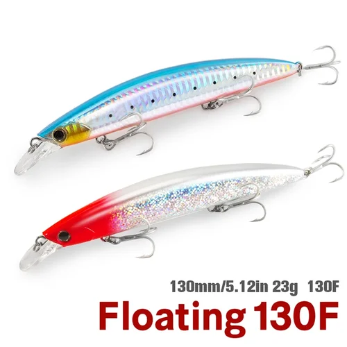 130F Ultra larga fundición Minnow flotante Wobbler cebo duro 13cm 23g flotador lubina agua salada señuelo de Pesca de mar Jerkbait manivela Pesca