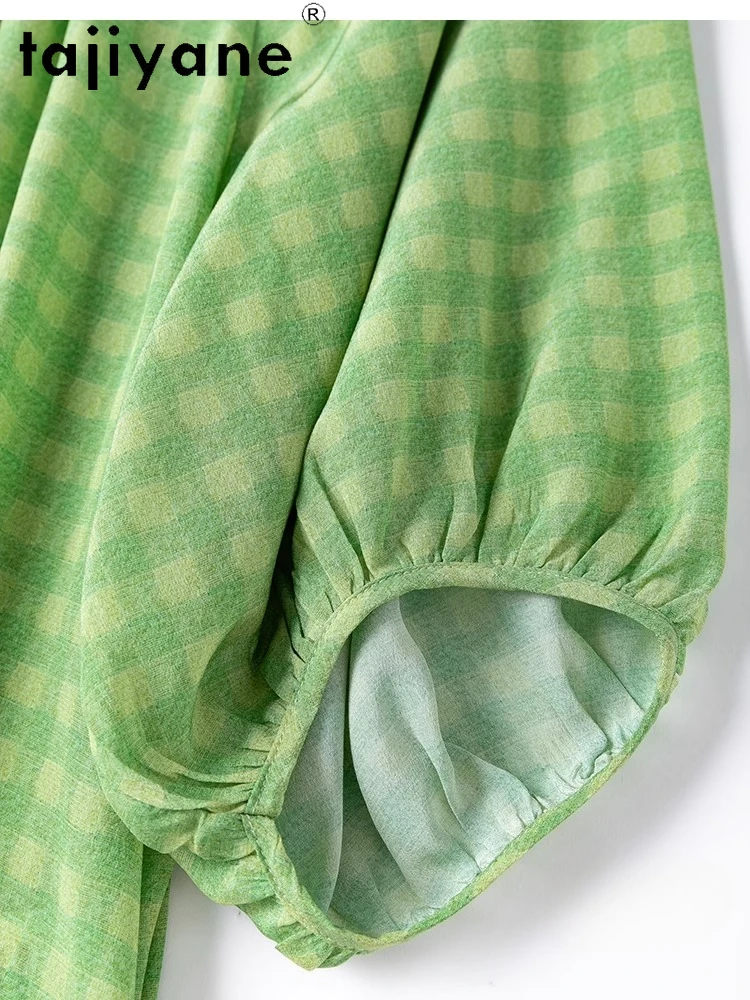 TAJIYANE 100% camisetas de seda Mulberry para mujer, camiseta verde con estampado a cuadros a la moda, camisetas holgadas de verano, ropa de mujer 2025 топы