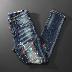 Jean déchiré en Denim bleu foncé pour Homme, Streetwear, coupe ajustée, style rétro, pantalon de motard, peint, de styliste, Hip Hop