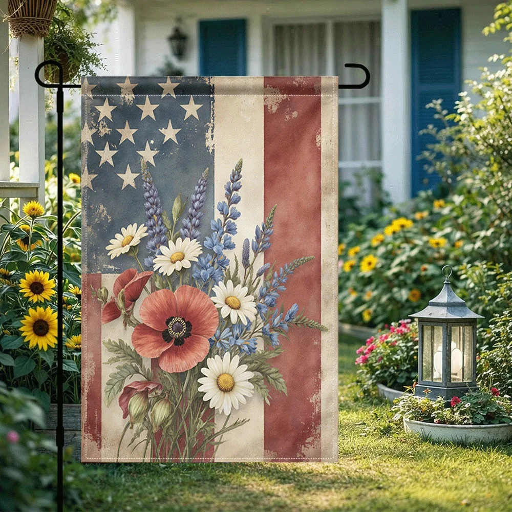 

1PC Vintage American Flag Floral Garden Flag, Patriotic Red Poppy White Daisy Blue Lupine Decorative Outdoor Ya