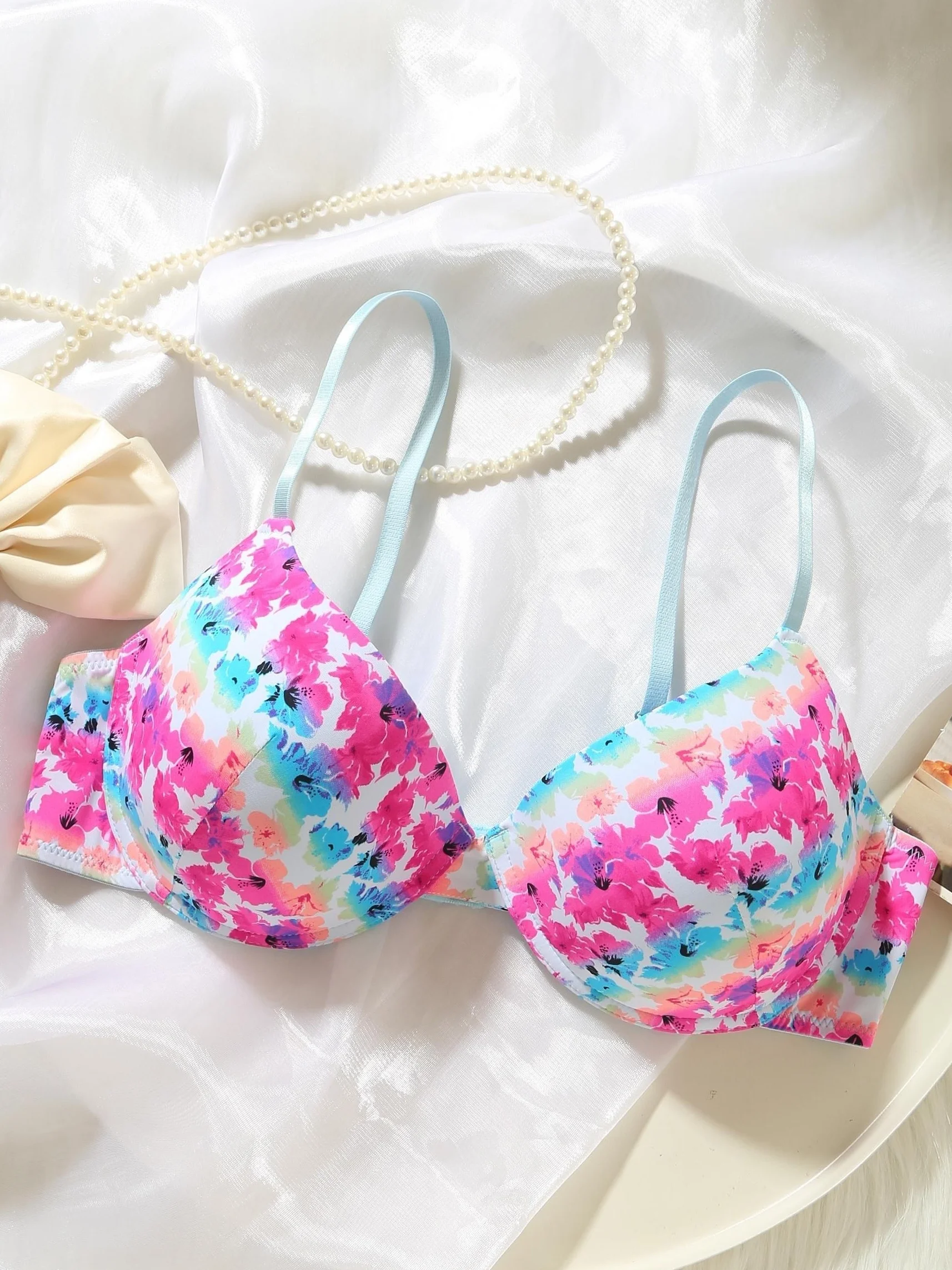 Tie Dye Push Up Bra, Floral Print Full Coverage Bra, Women\'s Lingerie & Underwear