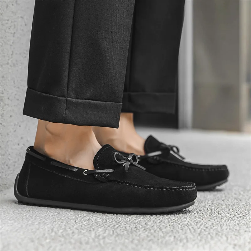 Korean style mens casual cow suede leather shoes slip-on tassels driving shoe black brown breathable flats loafers mans footwear image 3