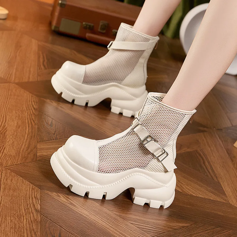 Women's 2026 summer new breathable cool boots versatile hollow mesh shoes with increased height inside women's shoes