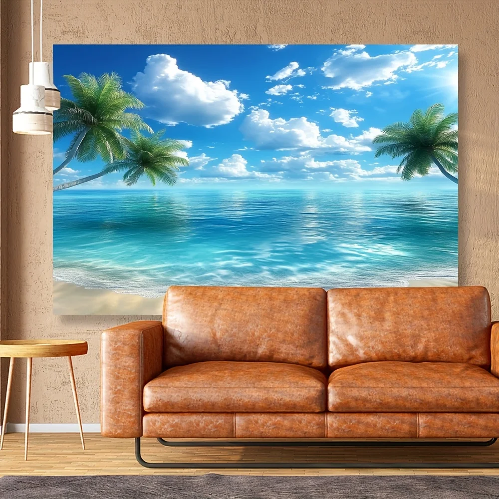 Tapiz de playa tropical, mar claro y cielo azul para decoración costera, colgante de pared de poliéster suave, regalo perfecto para amantes de la decoración del hogar
