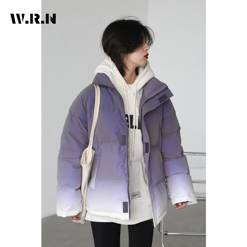 Women Casual Gradient Color Long Sleeve Zipper Parkas 2023 Autumn Winter Oversized Outerwear Jacket Fashion Warm Hooded Coat