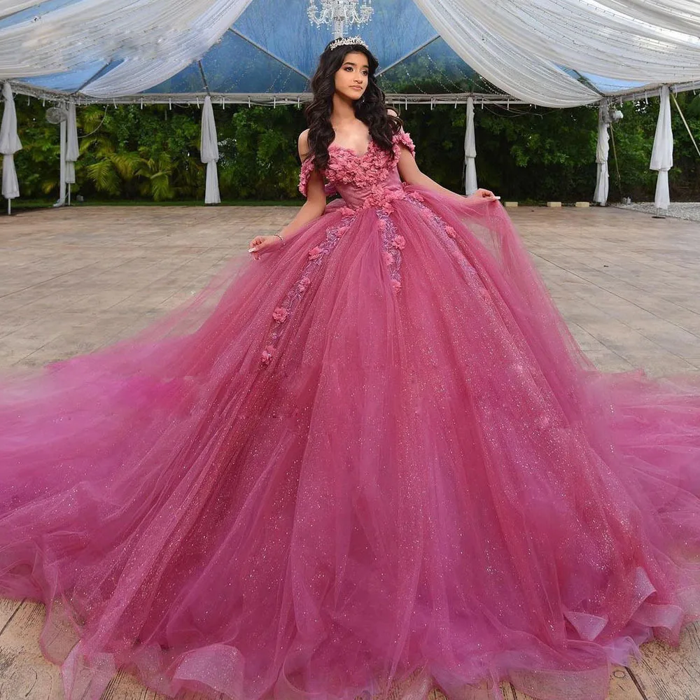 

Милое бальное платье Quinceanera Es с открытыми плечами и 3D цветочной кружевной аппликацией Sweet 15, блестящее бальное платье для выпускного вечера, фотографии на день рождения для юниоров