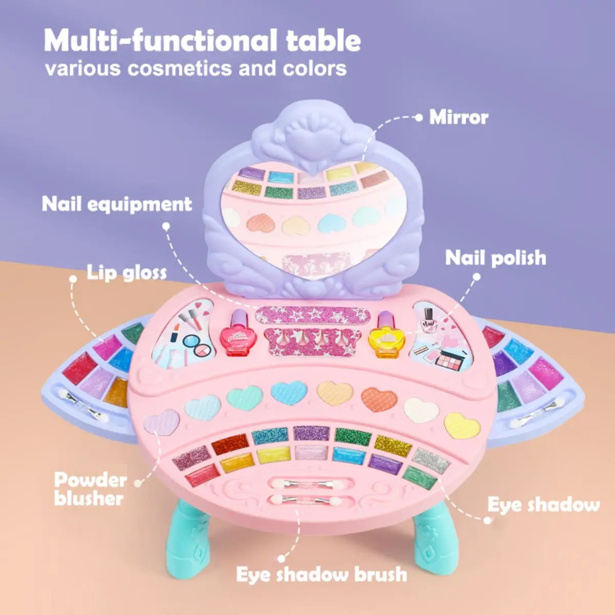 مجموعة لعب مكياج برينسيس فانيتي! مجموعة مستحضرات تجميل آمنة قابلة للغسل (طلاء أظافر، أحمر خدود، ملمع شفاه). لعبة تسريحة متعددة الوظائف. هدية مثالية