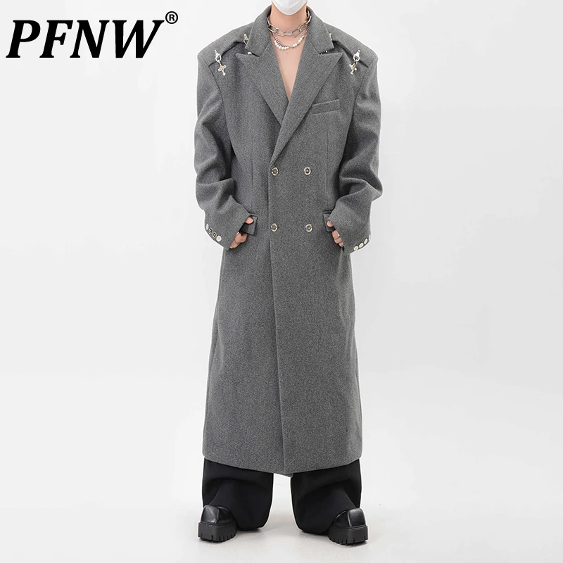 PFNW Deconstructed Metal Airplane Buckle Design Tweed Coat Men‘s Silhouette Knee-length Woolen Double Breasted Overcoat 12C2120