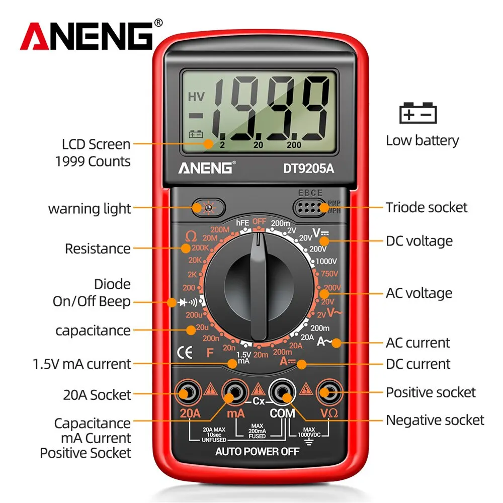 ANENG DT9205A-12 1999 Counts Digital Multimeter AC/DC Voltage Current Tester Electrical Test Meter Profesional Analog Multimetro