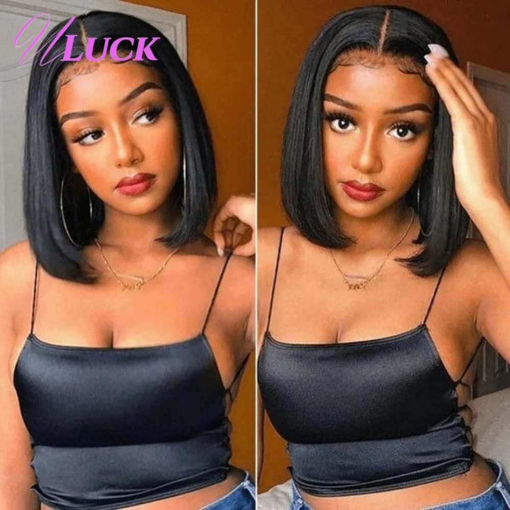 

Uluck Short Straight Bob Wig Double Drawn 100% Real Human Hair Wig Natural Black Preplucked 13x4 Lace Frontal Wigs Ready To Wear