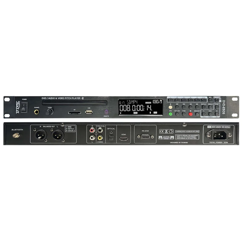 Slim 1U Rack DVD Player 44mm | Bluetooth 5.2, HDMI, XLR | Karaoke Pitch Control, USB/SD, H.264 | 90V-260V Global (3kg)