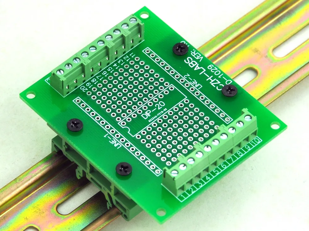 DIP-20 Component to Screw Terminal Adapter PCB, w/Simple DIN Rail Mount Bracket.