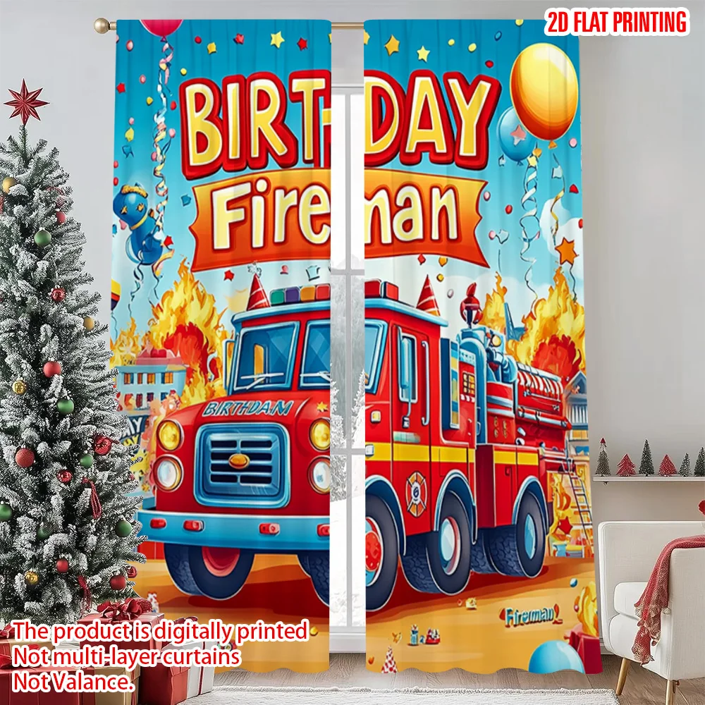 

2pcs 2D flat printing Merry Christmas Window Curtains fire fighting truck 100% Polyester Without Electricity Party Decorations