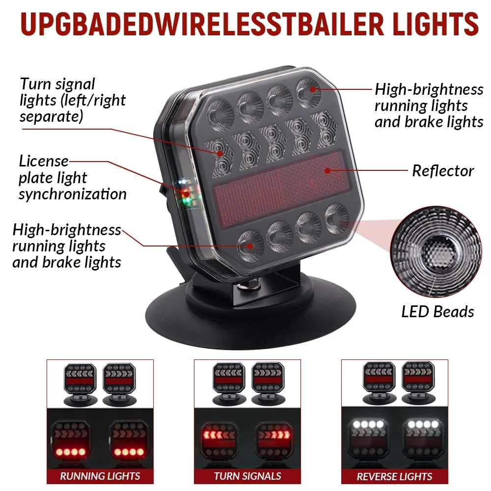 10-30V LED Tow Tail Light Wireless Magnetic Trailer Light Kit Waterproof Rechargeable Trailer Light for Trailer Truck RV